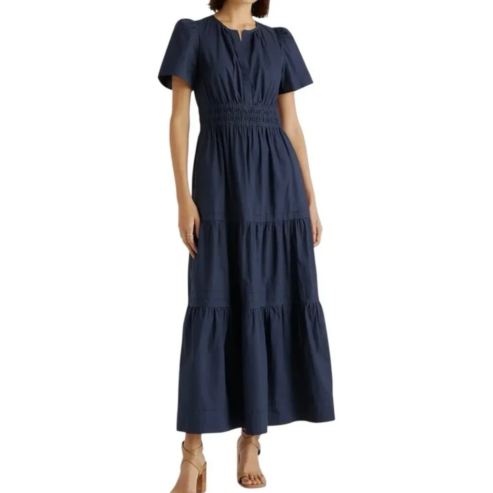 Quince Womens Med Large 100% Organic Cotton Poplin Tiered Maxi Dress Navy New - Picture 1 of 6